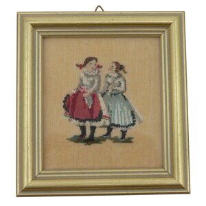 Handmade Petit Point Little Girl Framed Wall Hanging Gold Frame Budapest Hungary
